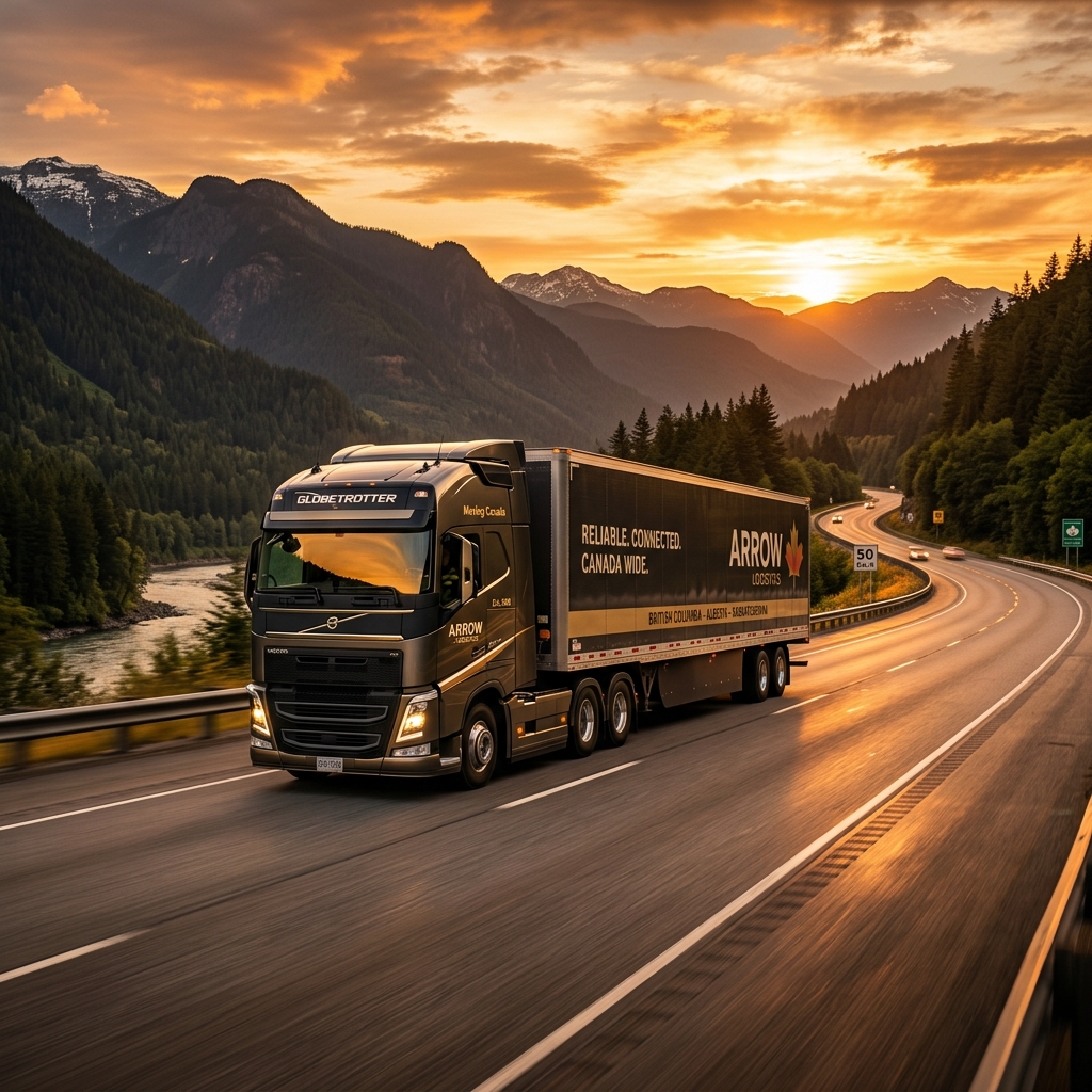 Transgold Freightways long-haul truck driving through scenic British Columbia at sunset
